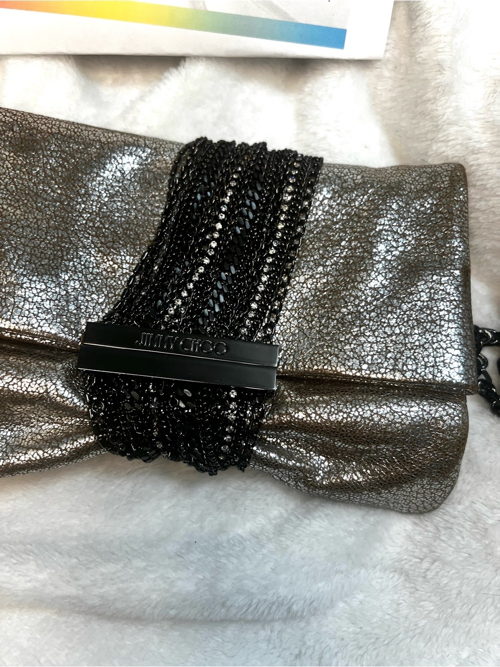 Jimmy Choo Chain-Link Suede Chandra Clutch Gray And Black Chain Authentic COA - Picture 4 of 15